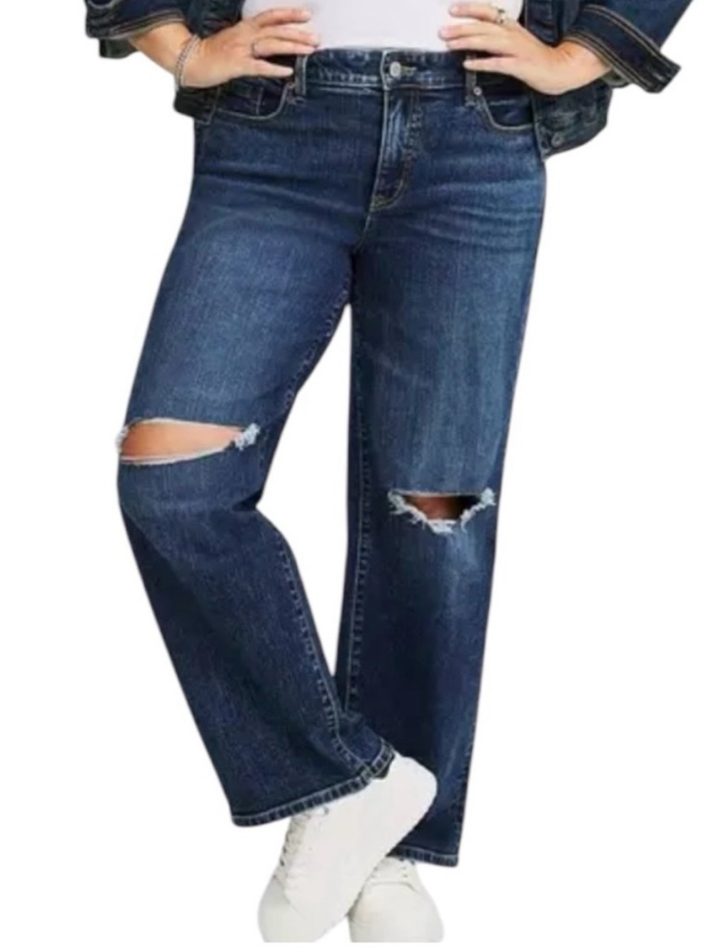Torrid NWT Perfect Wide Leg Mid Rise Distressed Jeans Dark Wash 14S petite blue